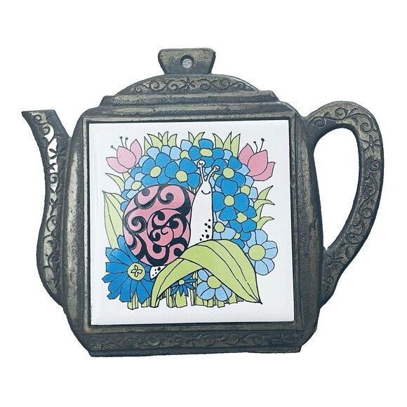Cherry Brand Metal Teapot Trivet w/Tile Insert Smiling Snail Blue Flowers Japan - Picture 1 of 7